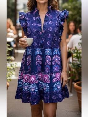NWT Caroline Constas Navy Mini Dress with Purple and Pink Half Moon Print Medium